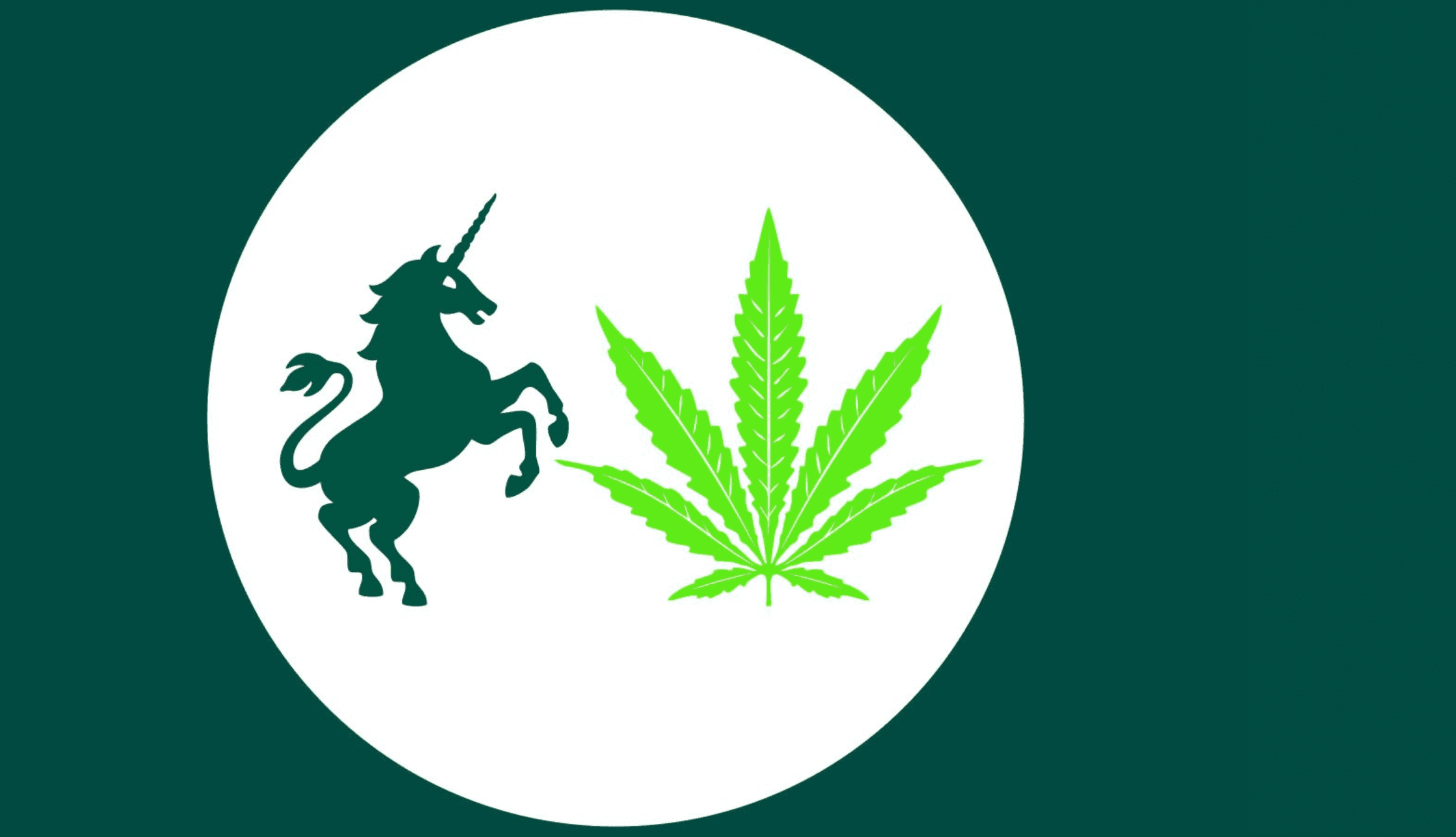 Ein Einhorn, das neben einem grünen Cannabisblatt steht.